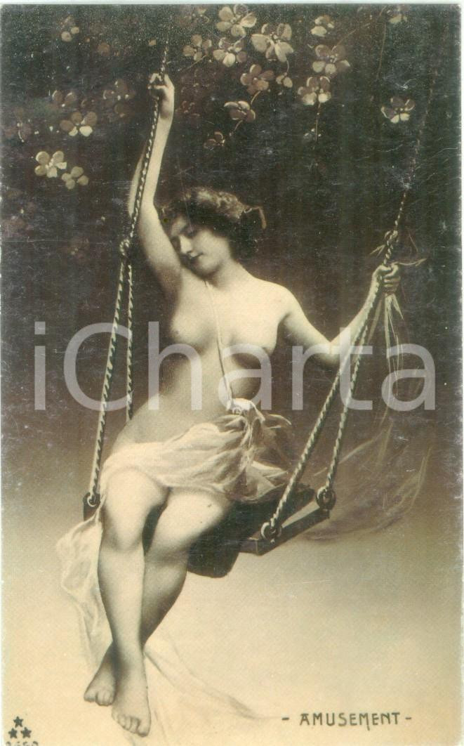 Cartolina originale da collezione 1930 ca EROTICA Ninfa nuda sull altalena Cartolina postale FP NV 1