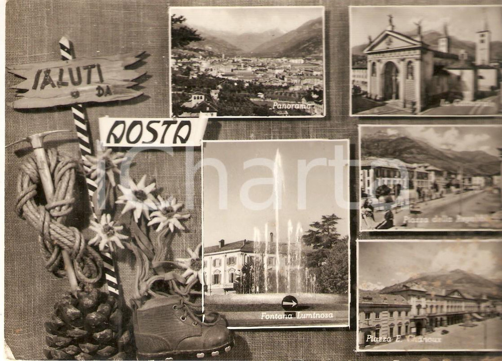 Cartolina originale da collezione 1958 AOSTA Vedutine Fontana luminosa e Piazza Chamoux Cartolina FG VG 1