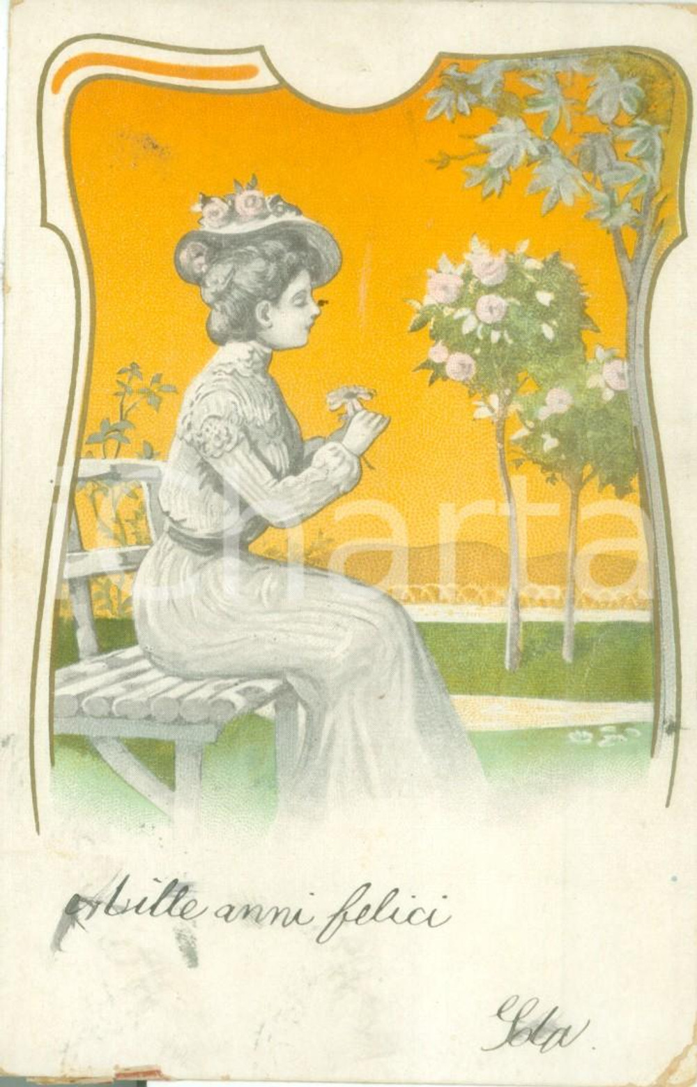Cartolina originale da collezione 1902 INNAMORATI Giovane ragazza  intreccia fiori Cartolina FP VG 1