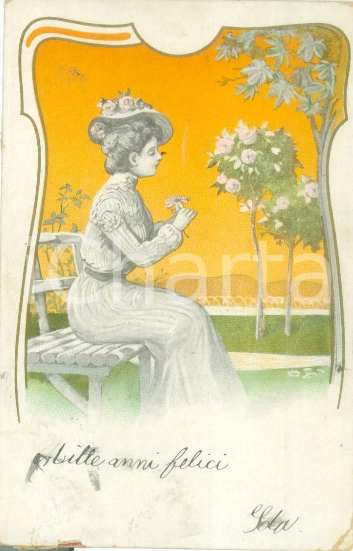 Cartolina originale da collezione 1902 INNAMORATI Giovane ragazza  intreccia fiori Cartolina liberty FP VG 1