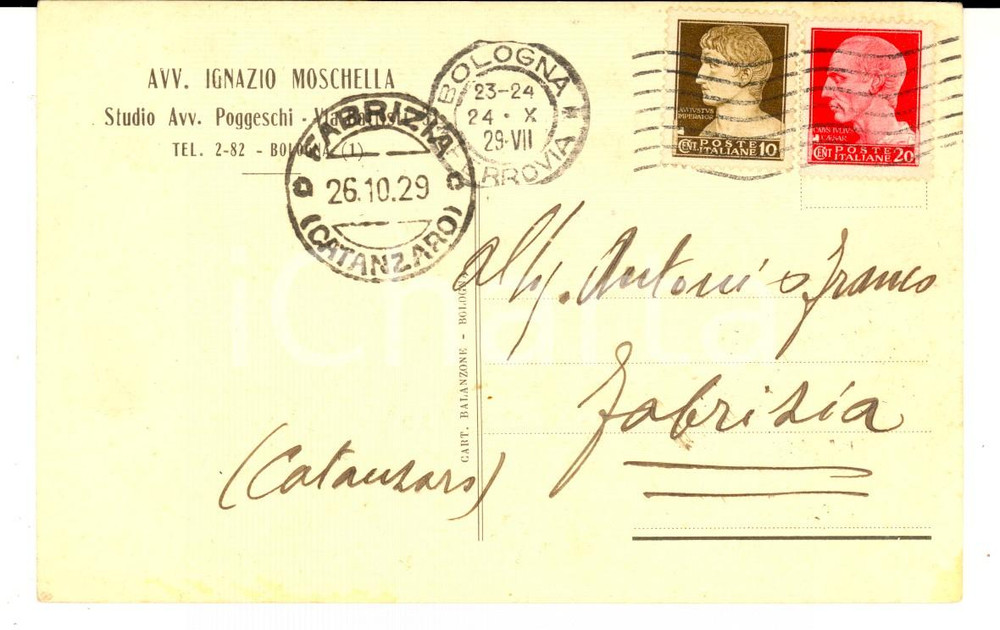 Cartolina originale da collezione 1929 BOLOGNA Avv. Ignazio MOSCHELLA  Cartolina intestata FP VG 1