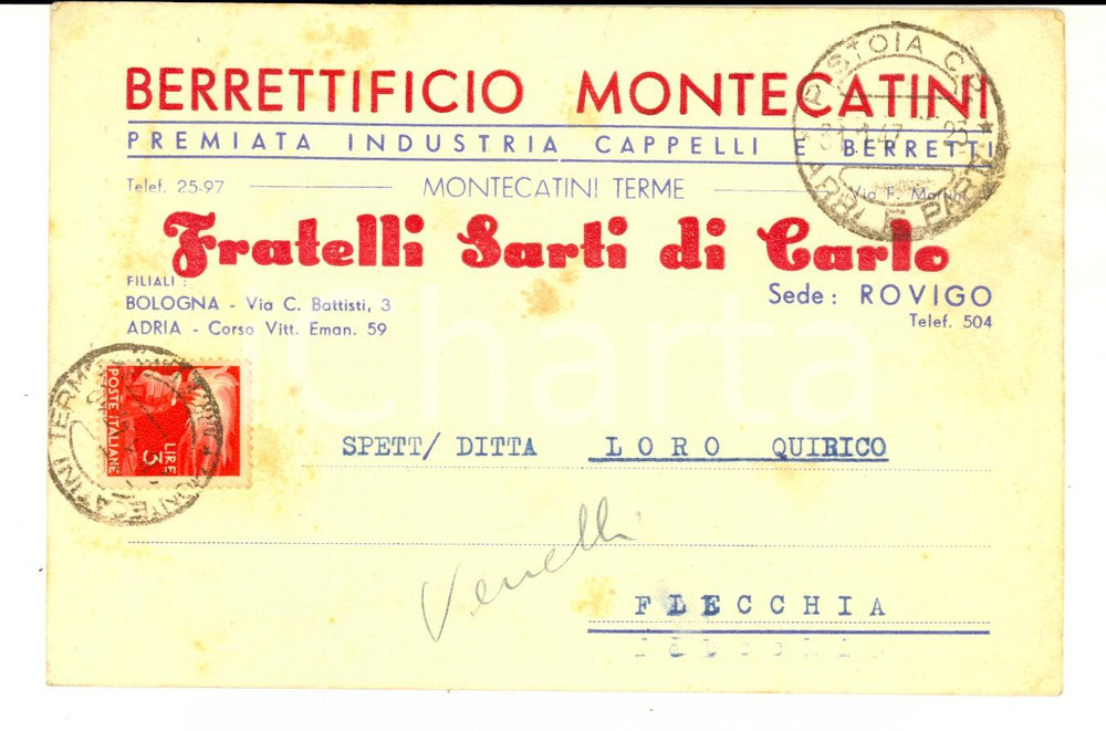 Cartolina originale da collezione 1947 MONTECATINI TERME Berrettificio Fratelli SARTI Cartolina intestata FG VG 1