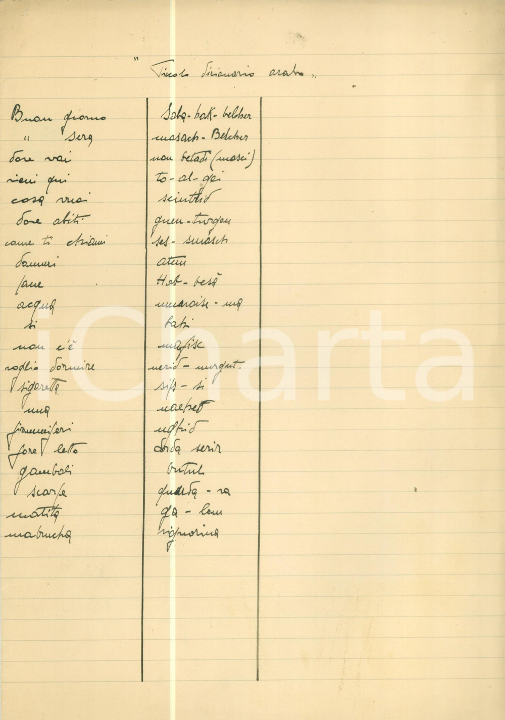 Oggetto da collezione cartaceo 1950 ca ANONIMO Piccolo dizionario italiano  arabo Documento manoscritto 1