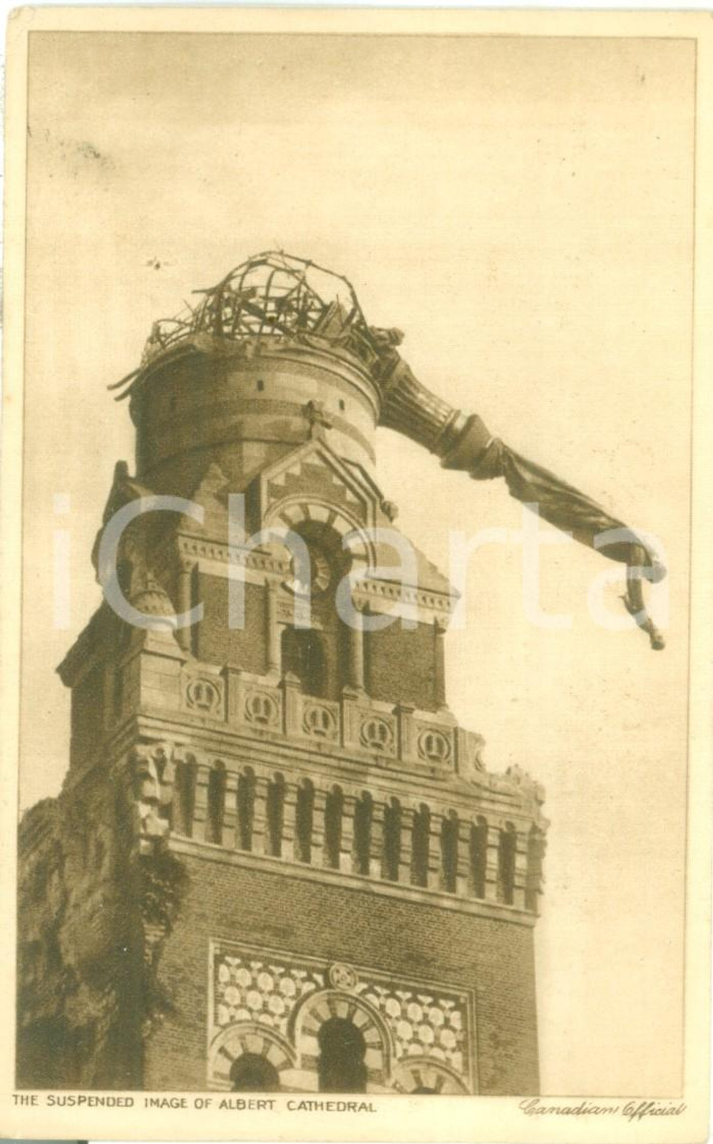 1920 ca SOMME Statua crollata della Basilique Notre-Dame de Brebières *Cartolina