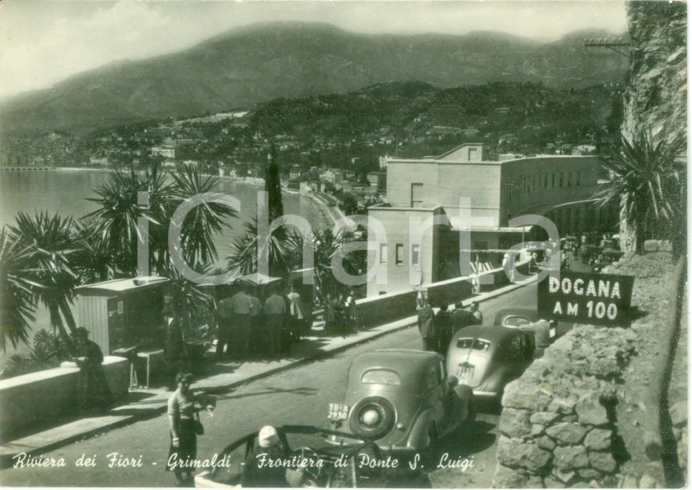 Cartolina originale da collezione 1957 VENTIMIGLIA IM Automobili a frontiera PONTE SAN LUIGI a GRIMALDI ANIMATA 1