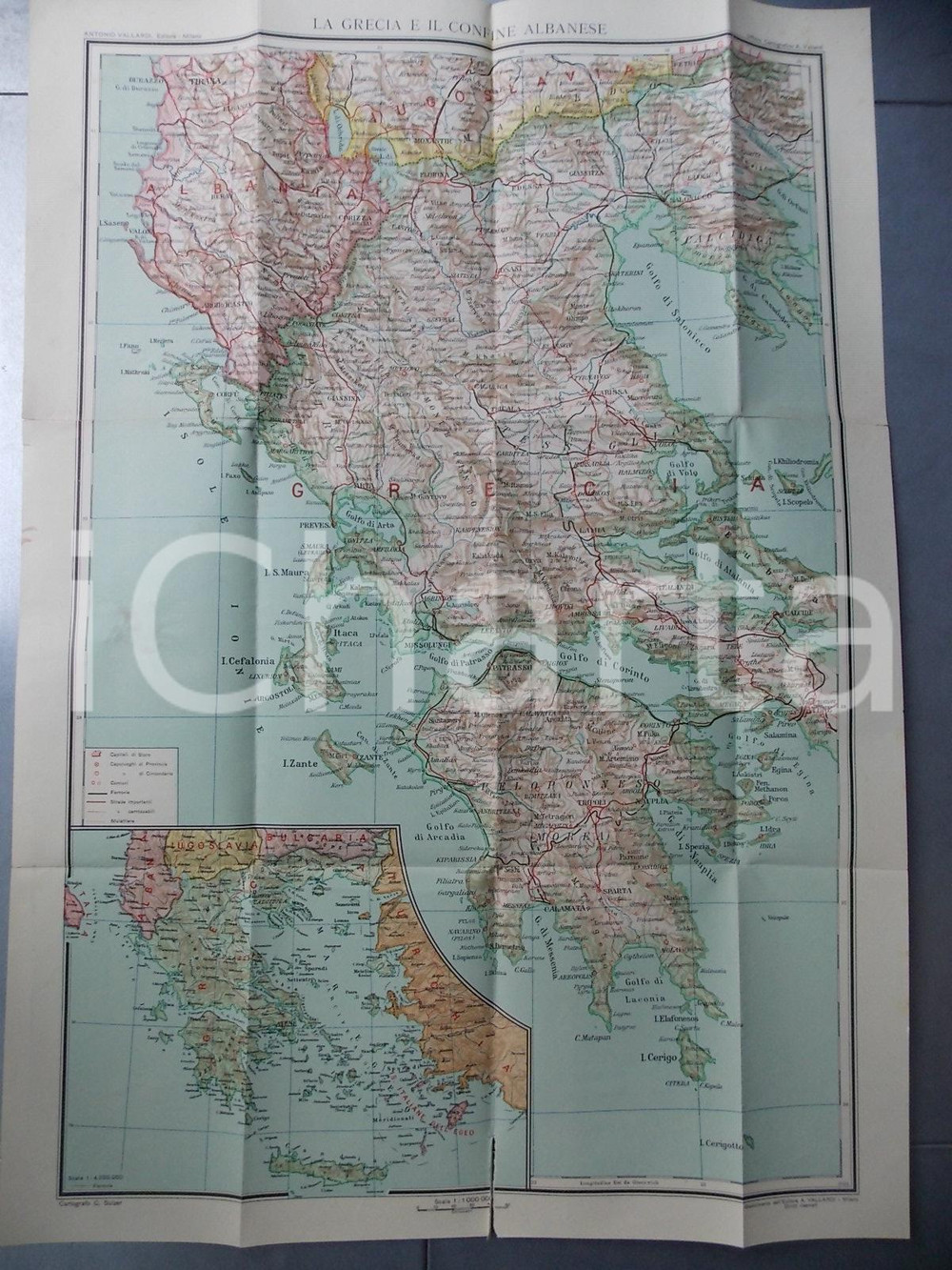 Mappa, planimetria storica 1910 ca LA GRECIA E IL CONFINE ALBANESE Carta geografica 50x80 cm Ed. VALLARDI 1
