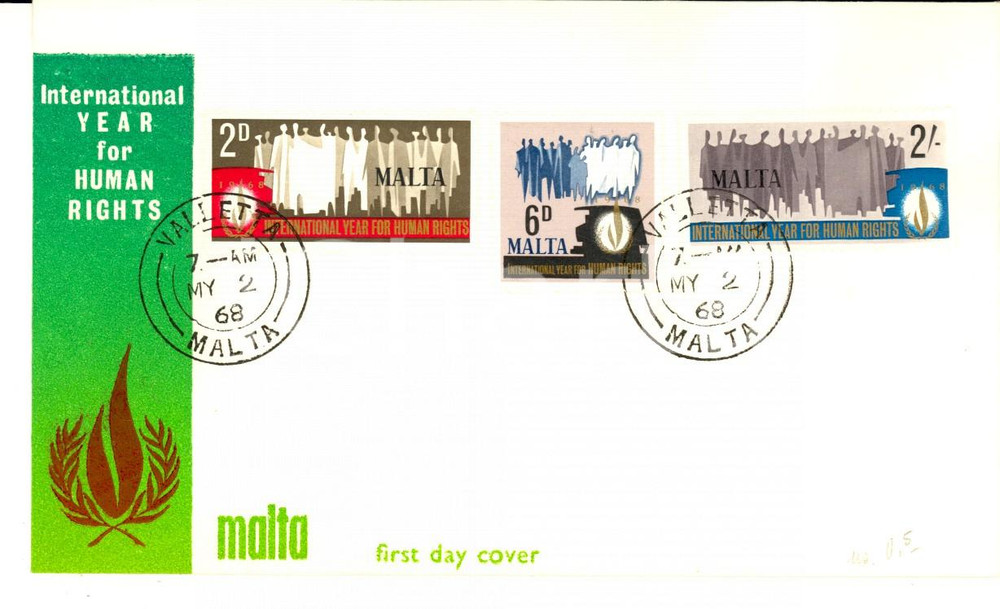 Materiale pubblicitario d’epoca 1968 STORIA POSTALE MALTA International Year for Human Rights FDC 1