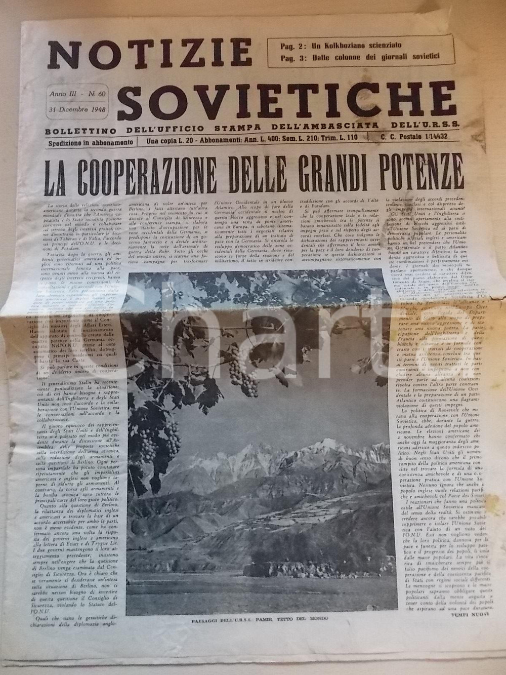 Giornale, rivista storica 1948 NOTIZIE SOVIETICHE La cooperazione delle grandi potenze Anno III nÂ° 60 1
