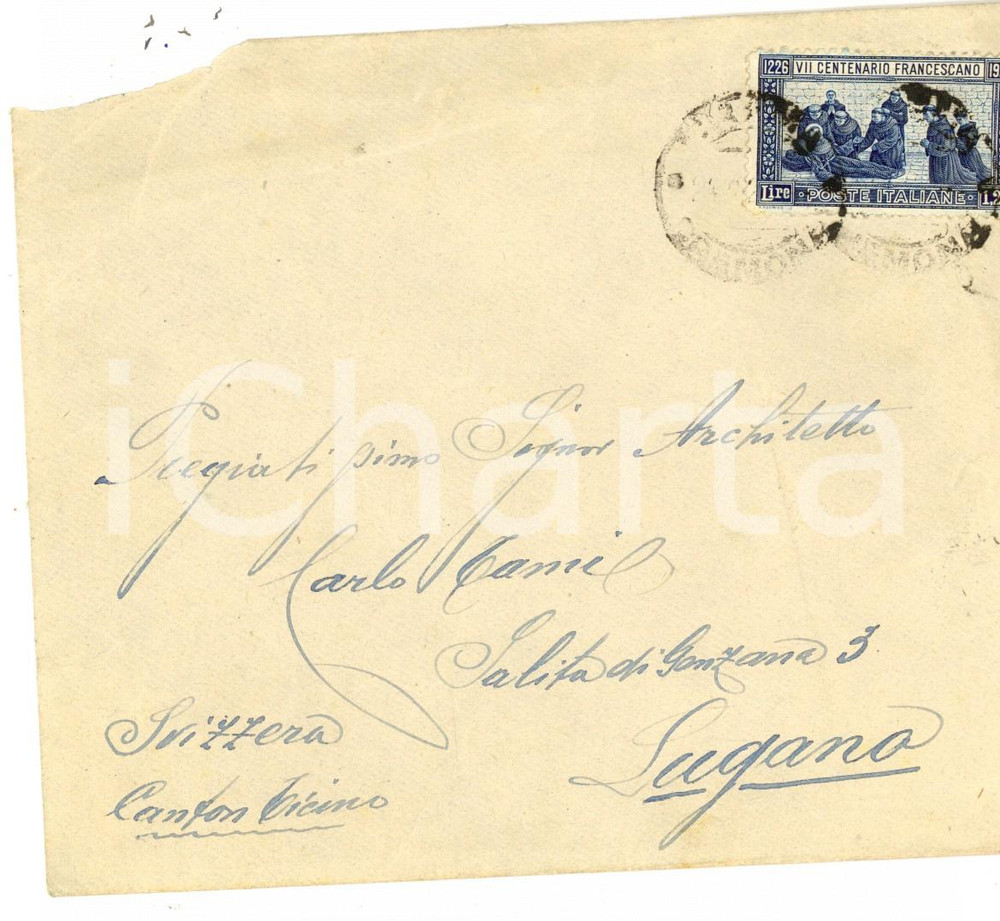 Cartolina originale da collezione 1926 STORIA POSTALE Busta affrancata VII Centenario Francescano L. 1,25 1