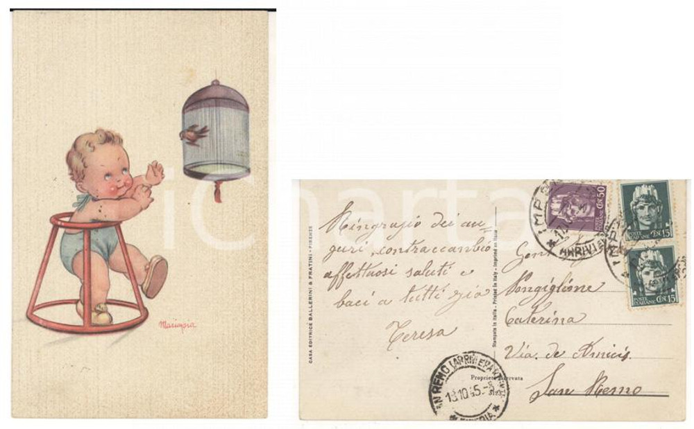 Cartolina originale da collezione 1945 STORIA POSTALE Cartolina MARIAPIA affrancatura RSI + Turrita senza fasci 1