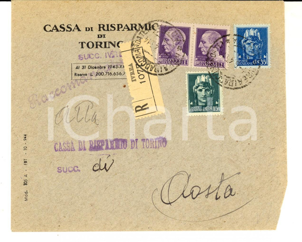 Cartolina originale da collezione 1945 CASSA DI RISPARMIO DI TORINO Busta affrancatura mista RSI fasci 1