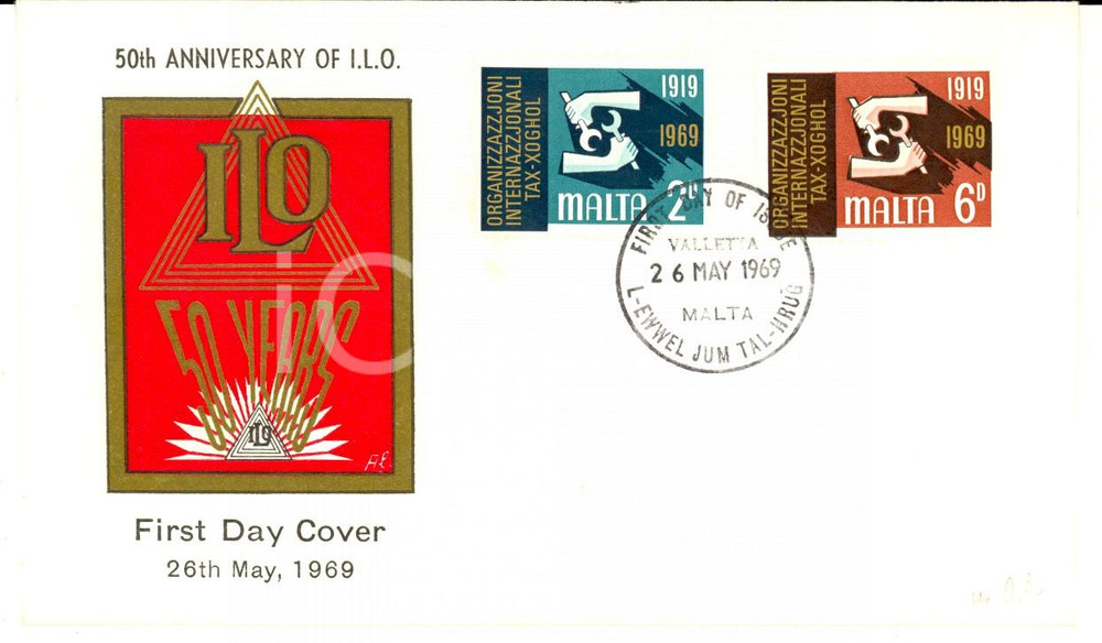 Materiale pubblicitario d’epoca 1969 STORIA POSTALE MALTA 50th Anniversary of  I.L.O. FDC First Day Cover 1