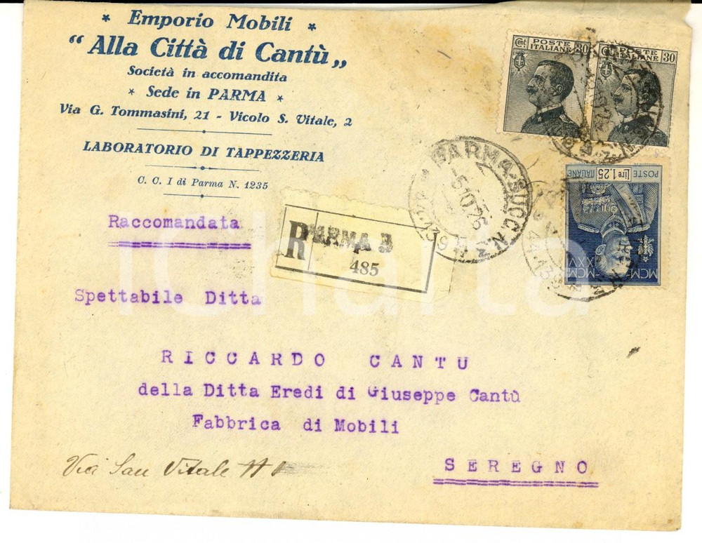 Cartolina originale da collezione 1926 PARMA Emporio ALLA CITTA  DI CANTU  Busta affrancata Lire 1,25+ cent. 30 1