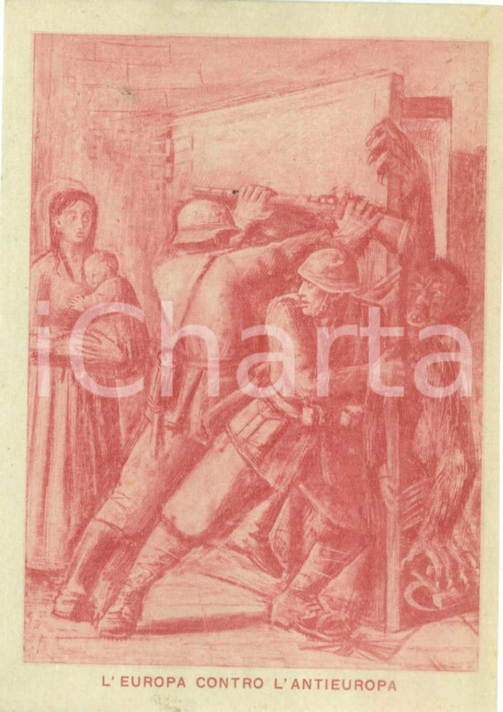 Cartolina originale da collezione 1942 WW2 L EUROPA contro l ANTIEUROPA soldati vs mostri Cartolina 2 1