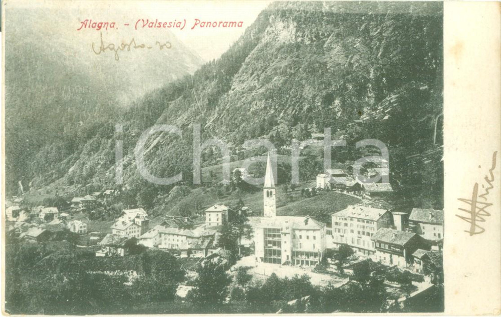 Cartolina originale da collezione 1903 ALAGNA VALSESIA VC Panorama del paese nella valle Cartolina FP VG 1