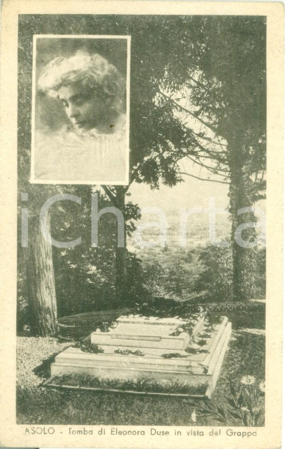 Cartolina originale da collezione 1930 ca ASOLO TV Tomba di Eleonora DUSE in vista del GRAPPA Cartolina FP NV 1