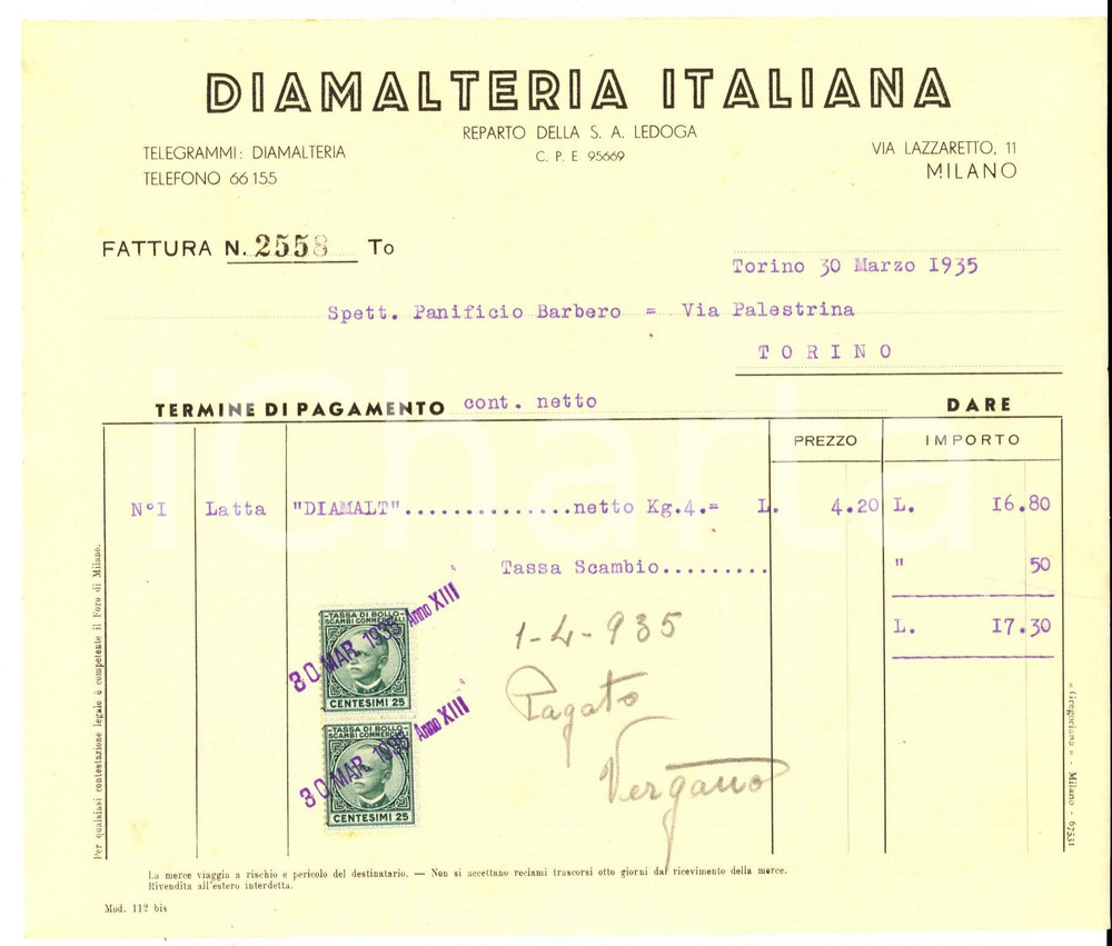 Documento originale, autentico 1935 TORINO Diamalteria Italiana reparto LEDOGA Fattura per latta DIAMALT 1