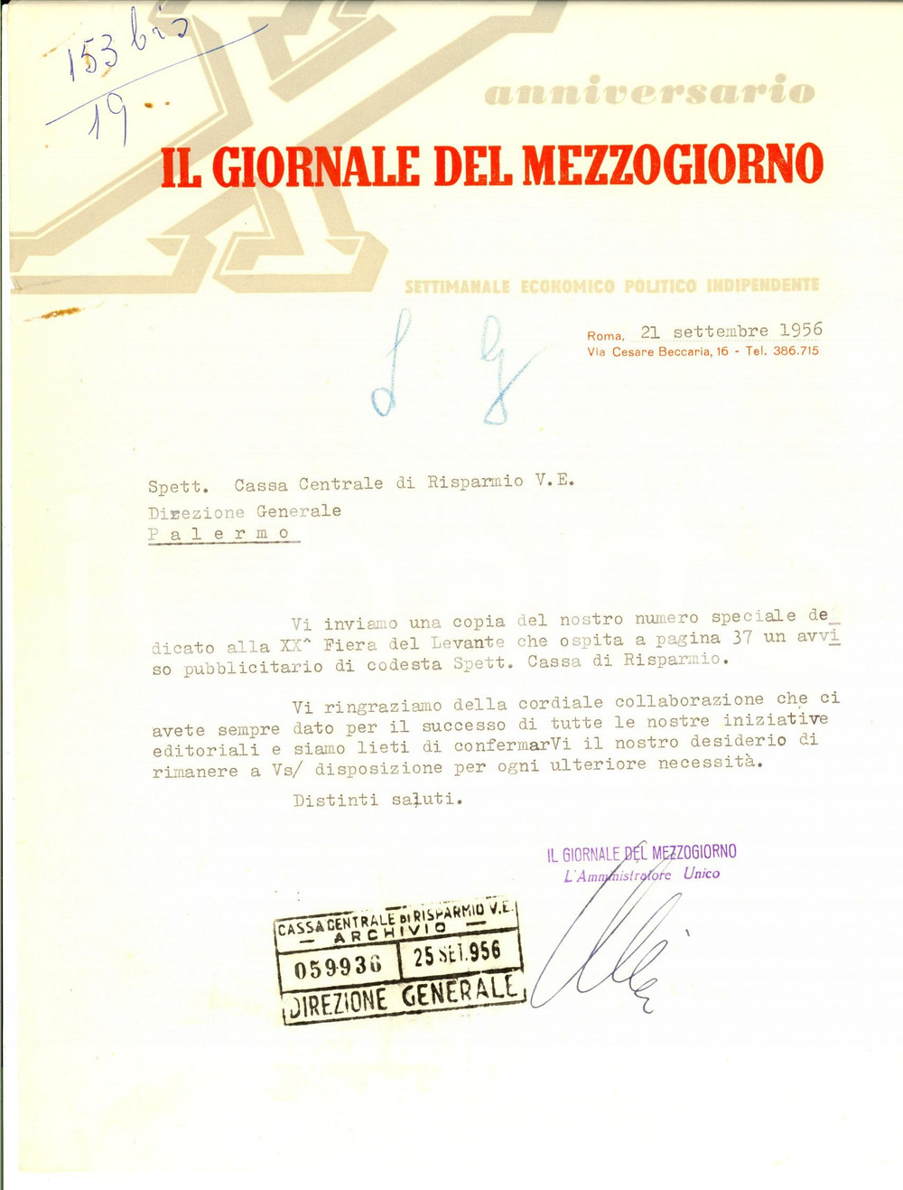 Documento originale, autentico 1956 ROMA IL GIORNALE DEL MEZZOGIORNO Lettera pubblicitaria  Fiera del Levante 1