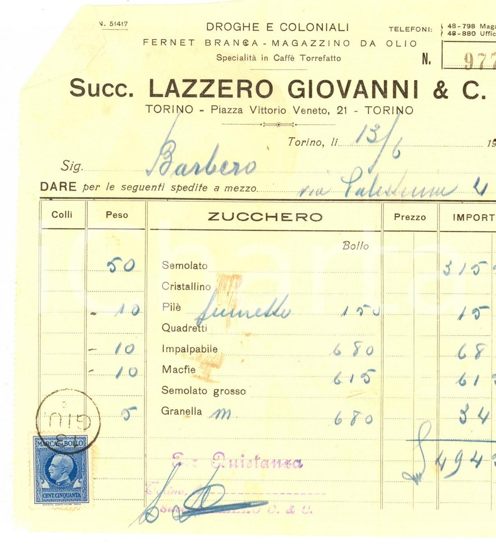 Documento originale, autentico 1935 TORINO Succ. LAZZERO Giovanni  Droghe e coloniali Fattura intestata bolli 1