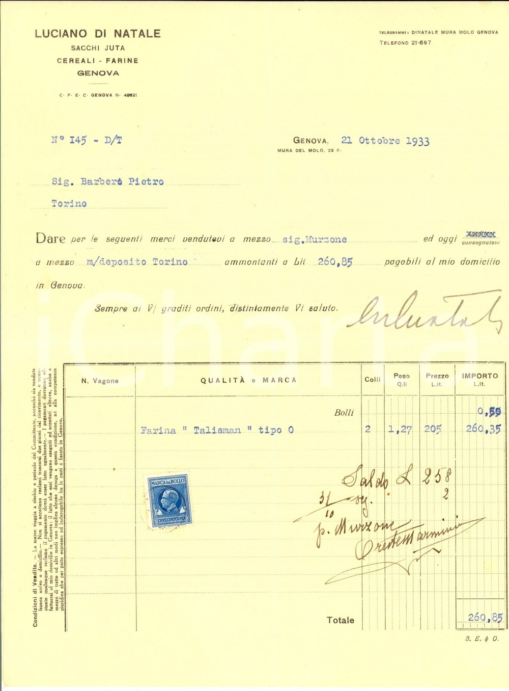 Documento originale, autentico 1933 GENOVA Ditta Luciano DI NATALE Sacchi juta Fattura intestata 1
