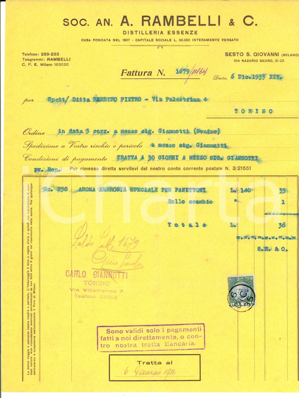 Documento originale, autentico 1935 SESTO SAN GIOVANNI MI SocietÃ  RAMBELLI Essenze  Fattura intestata 1