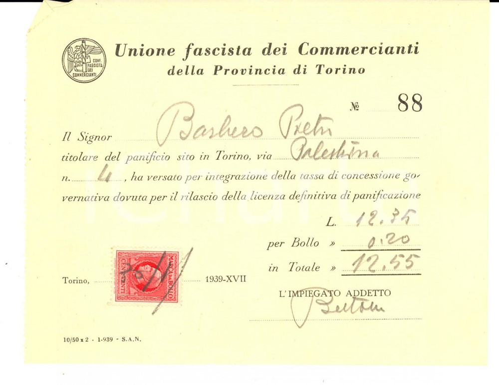 Documento originale, autentico 1939 TORINO Unione Fascista dei Commercianti  Ricevuta Pietro BARBERO panificio 1