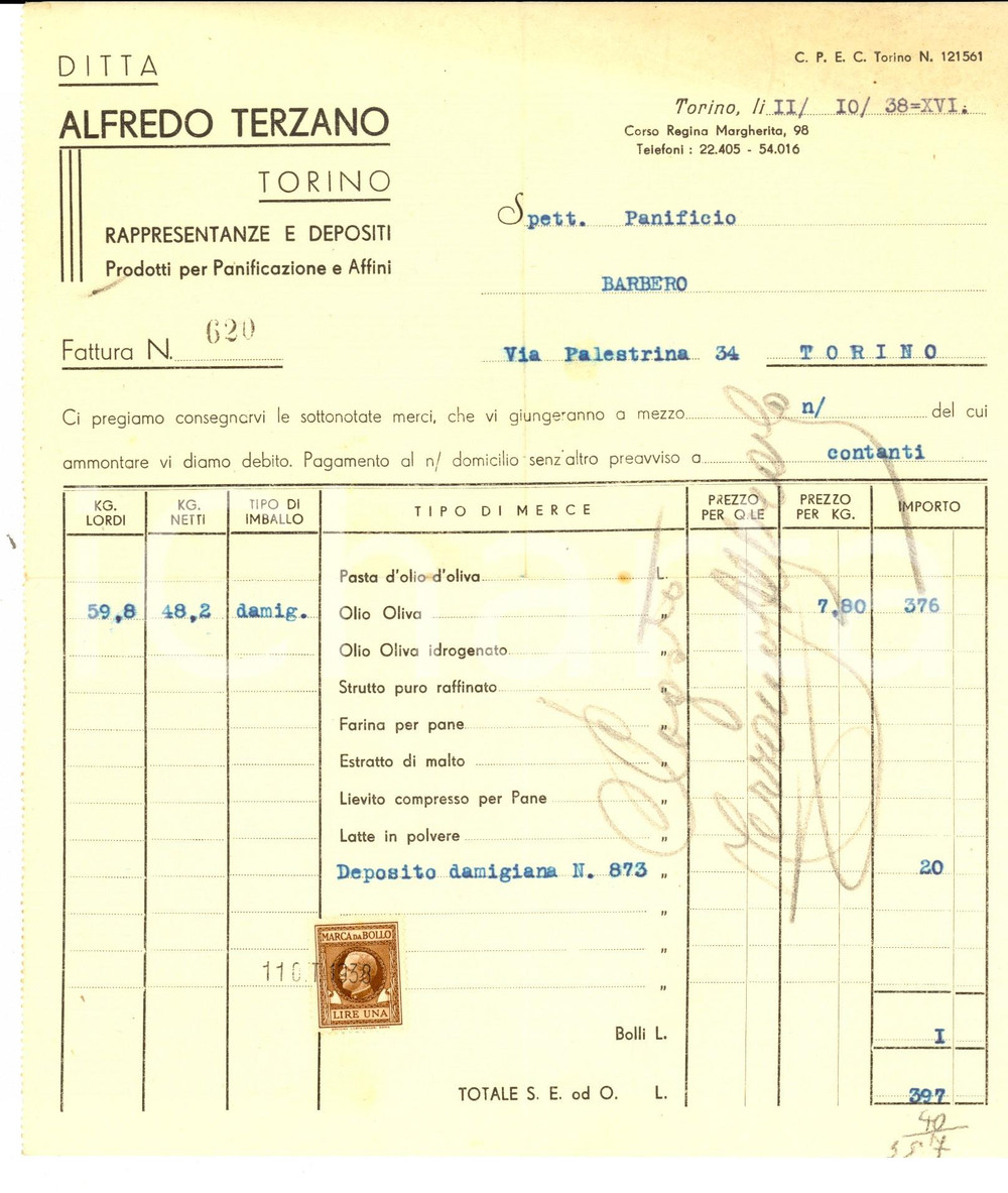 Documento originale, autentico 1938 TORINO Ditta Alfredo TERZANO Prodotti panificazione e affini Fattura 1