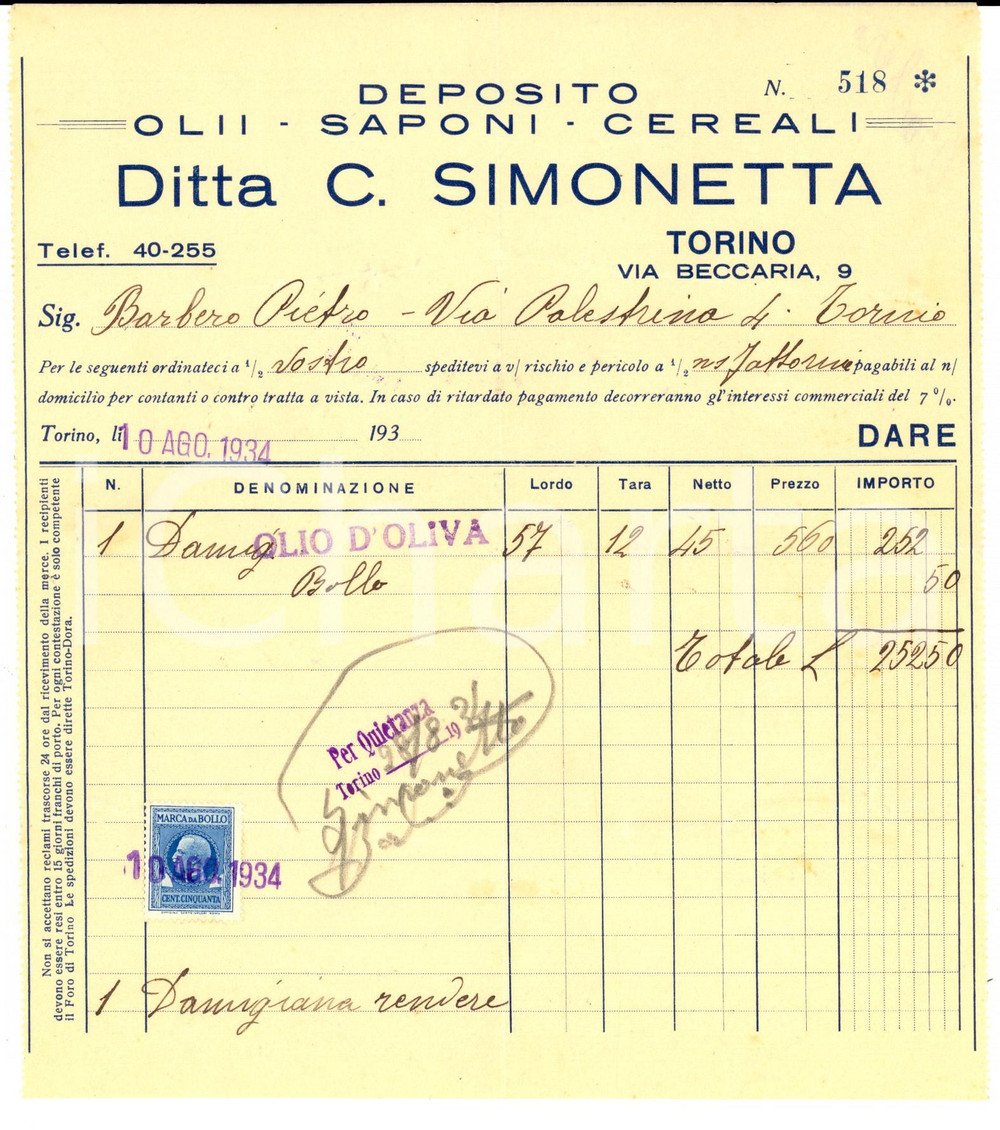 Documento originale, autentico 1934 TORINO Ditta C. SIMONETTA Deposito olii  saponi Fattura intestata 1