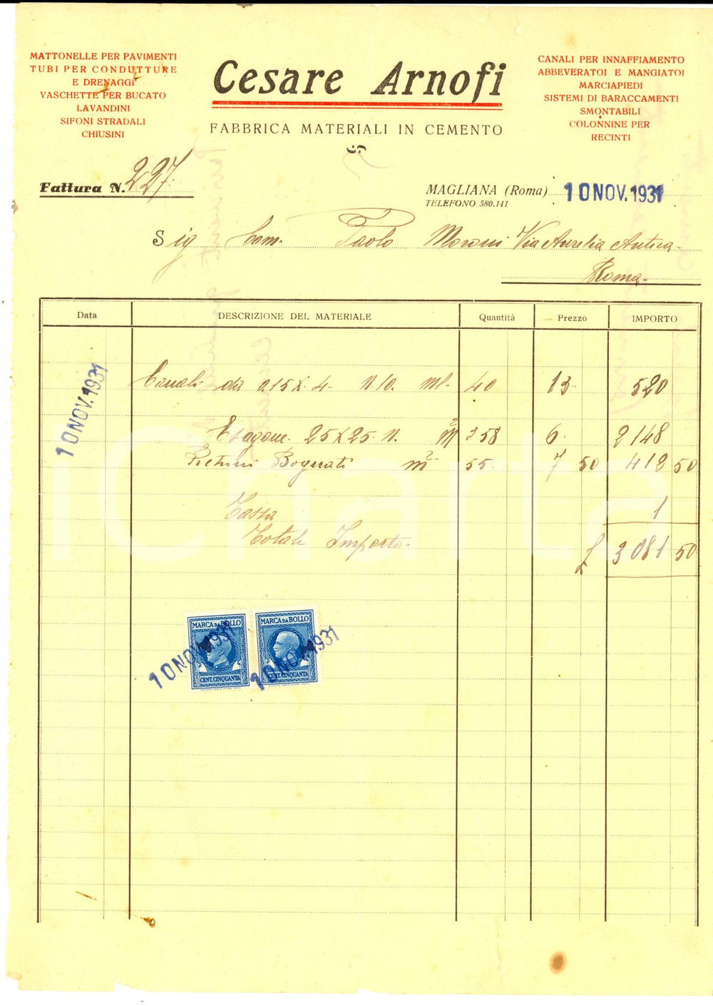 Documento originale, autentico 1931 ROMA MAGLIANA Ditta Cesare ARNOFI Fabbrica materiali in cemento Fattura 1