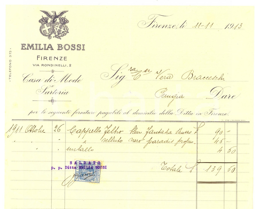 Documento originale, autentico 1913 FIRENZE Emilia BOSSI  Casa di Mode e Sartoria Fattura per cappello 1