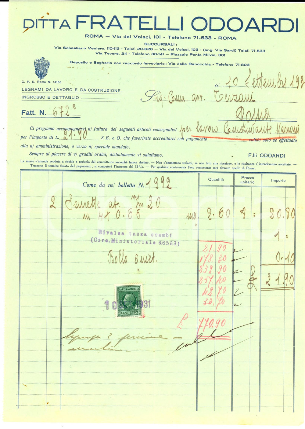 Documento originale, autentico 1931 ROMA Ditta FRATELLI ODOARDI Legnami da lavoro Fattura intestata 1
