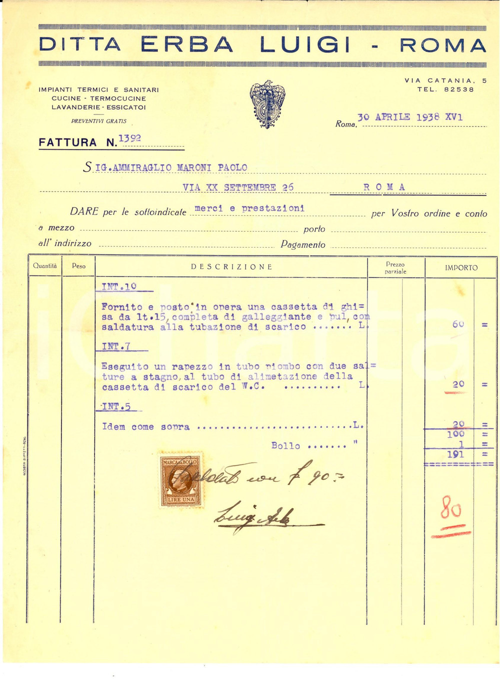 Documento originale, autentico 1938 ROMA Ditta Luigi ERBA Impianti termici e sanitari Fattura intestata 1