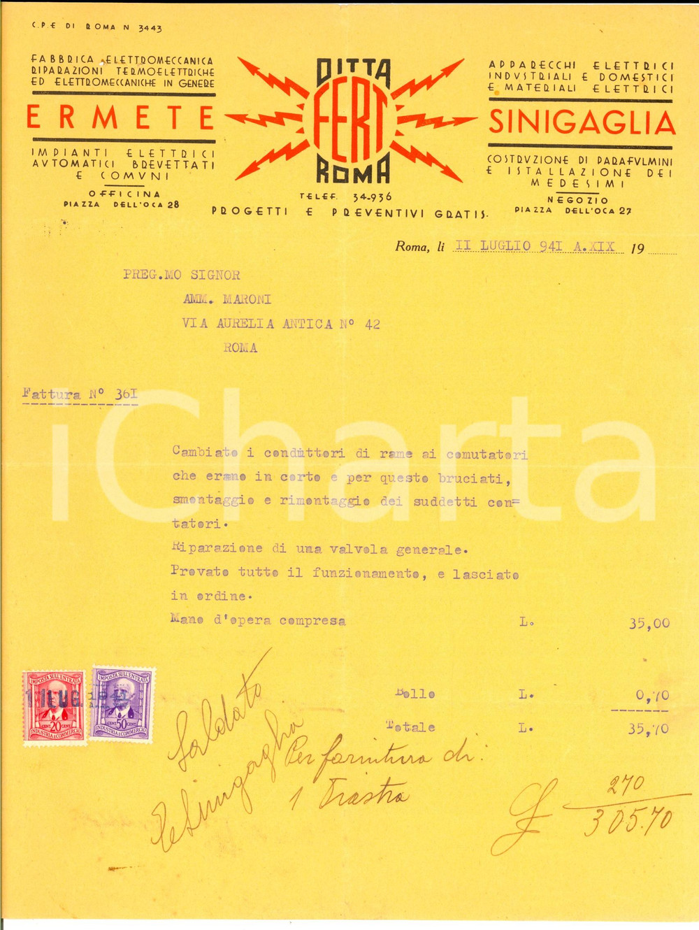 Documento originale, autentico 1941 ROMA Piazza dell Oca FERT ERMETE SINIGAGLIA Riparazioni impianti elettrici 1