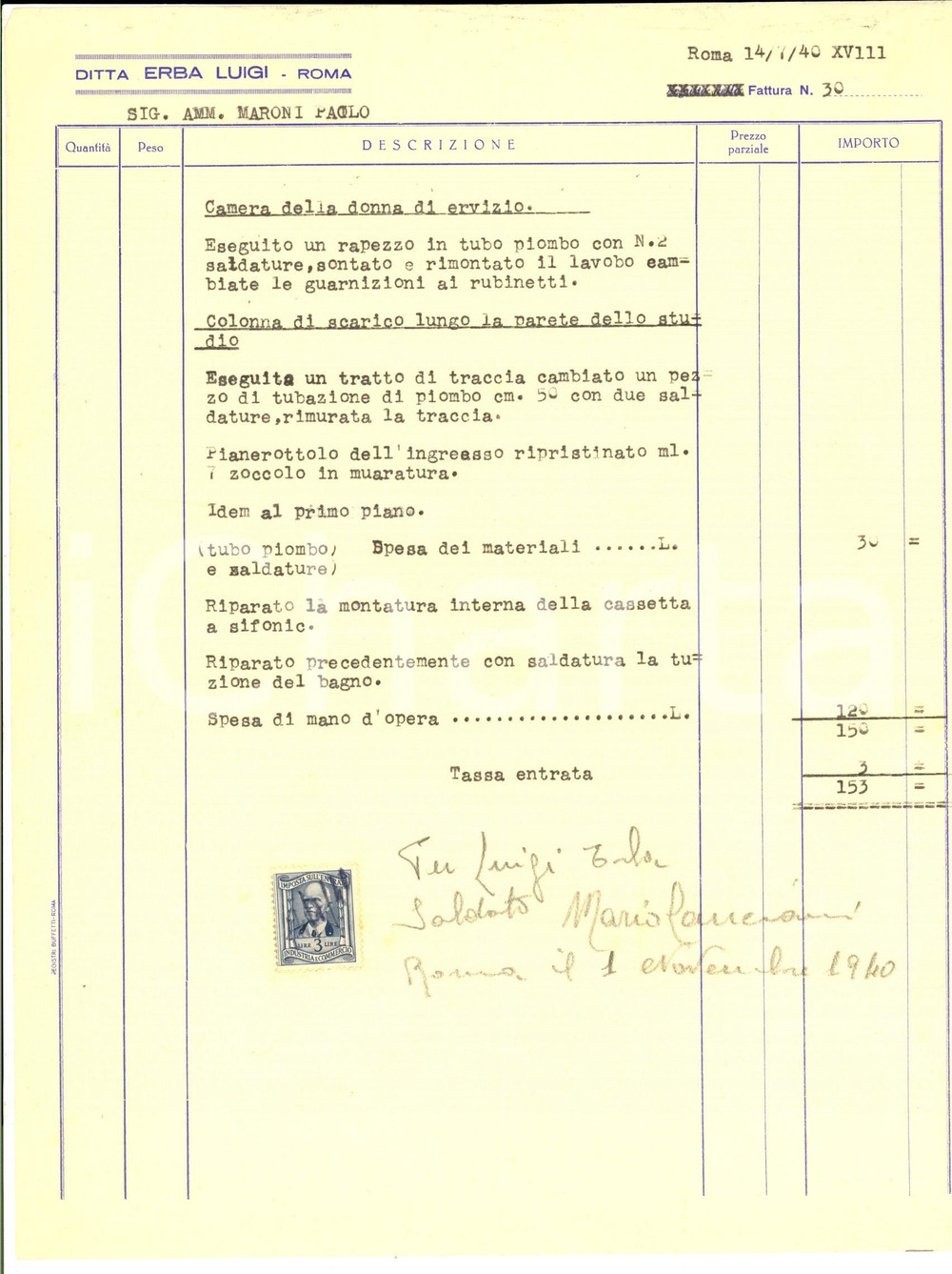 Documento originale, autentico 1940 ROMA Ditta Luigi ERBA Impianti termici e sanitari Fattura camera servitÃ¹ 1