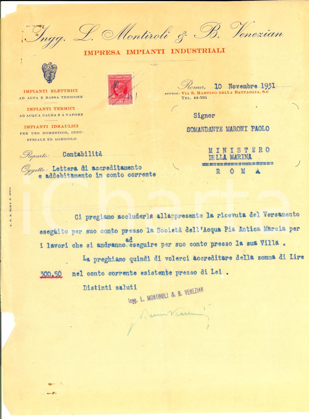 Documento originale, autentico 1931 ROMA Ingg. MONTIROLI  VENEZIAN Impianti industriali Fattura bolli 1