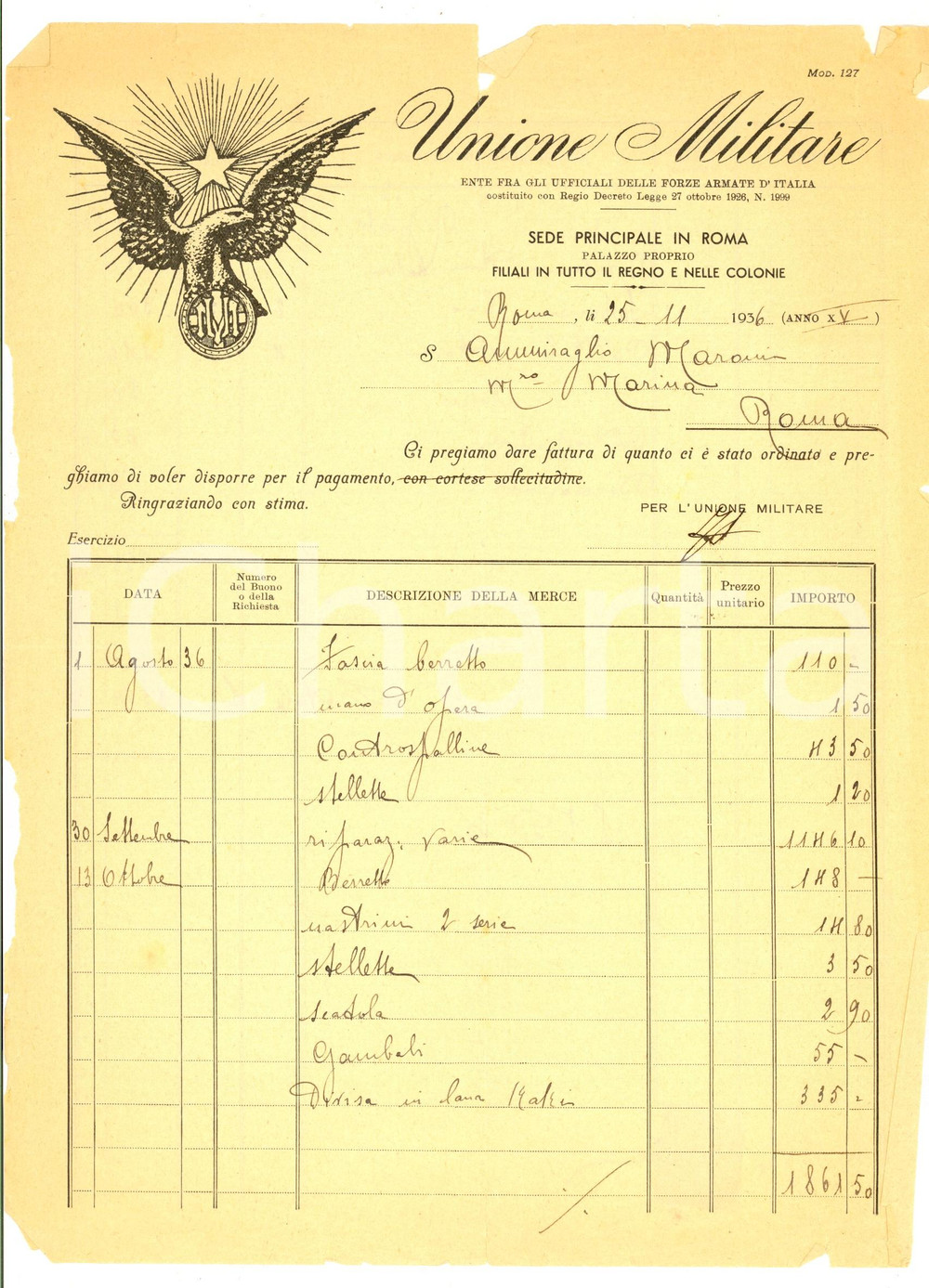 Documento originale, autentico 1936 ROMA UNIONE MILITARE Fattura intestata per divisa militare 1