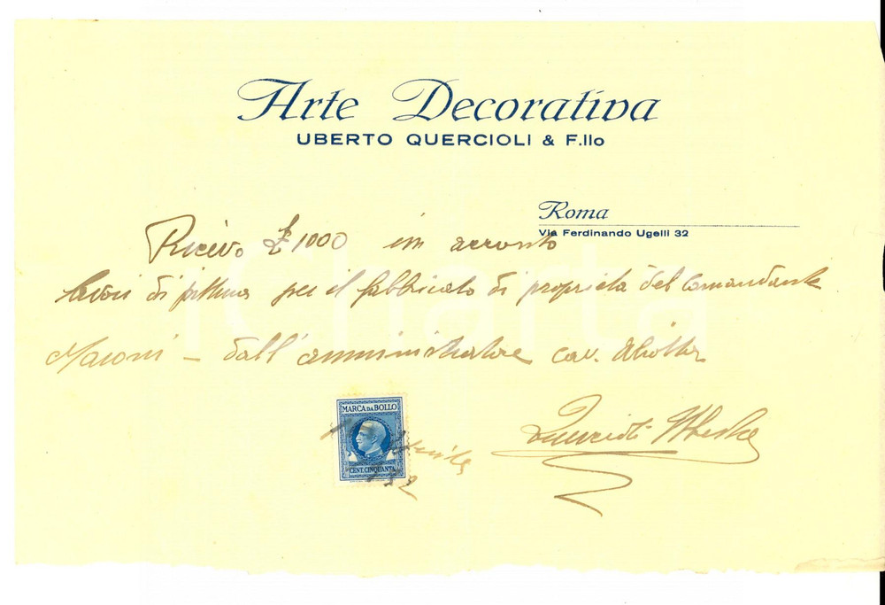 Documento originale, autentico 1932 ROMA Arte Decorativa Uberto QUERCIOLI & Fratello Fattura intestata 1