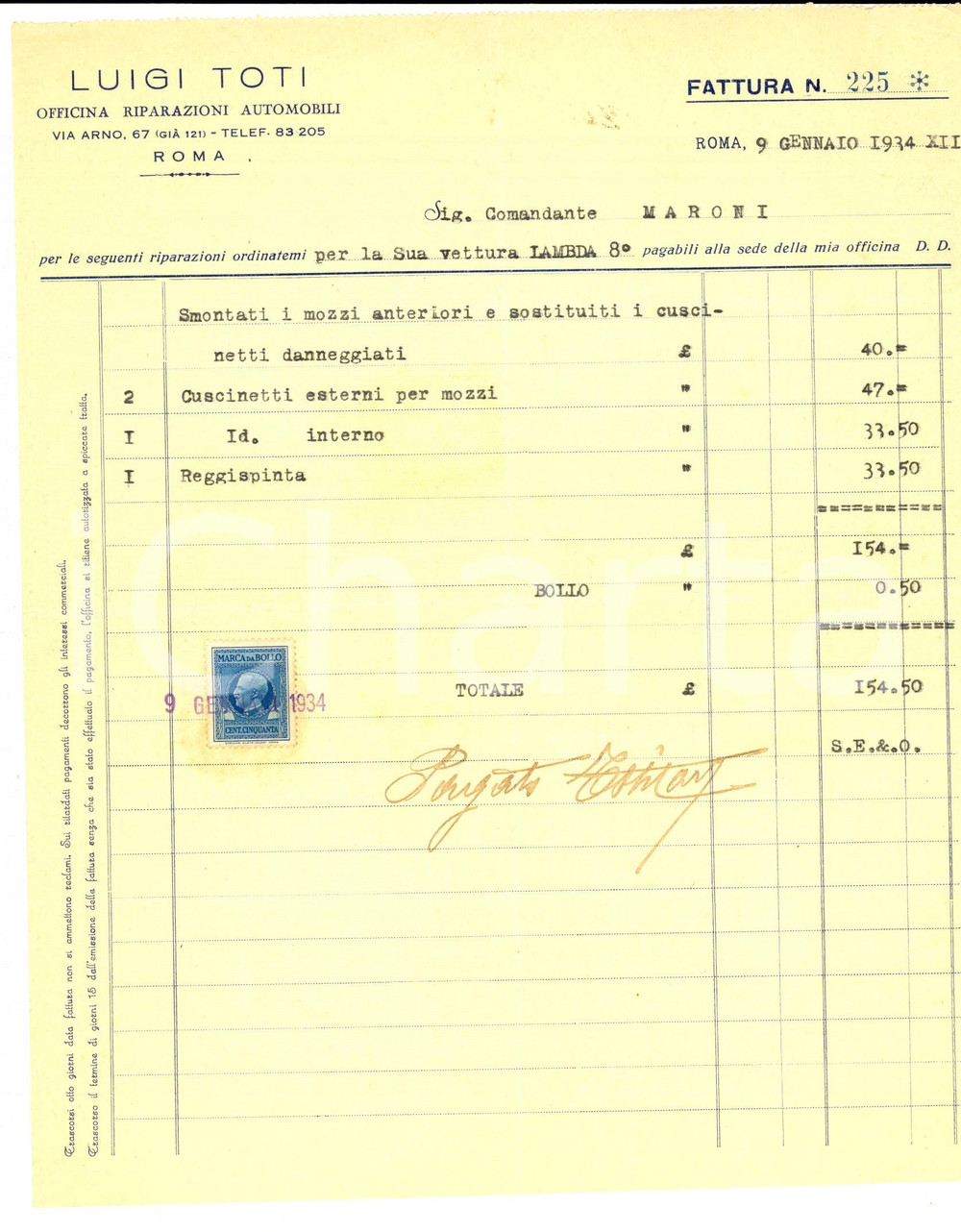 Documento originale, autentico 1934 ROMA Ditta Luigi TOTI Officina Riparazioni Automobili Fattura bolli 1