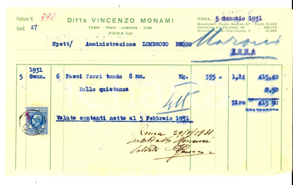 Documento originale, autentico 1931 ROMA Ditta Vincenzo MONAMI Ferri  travi  lamiere Fattura intestata 1