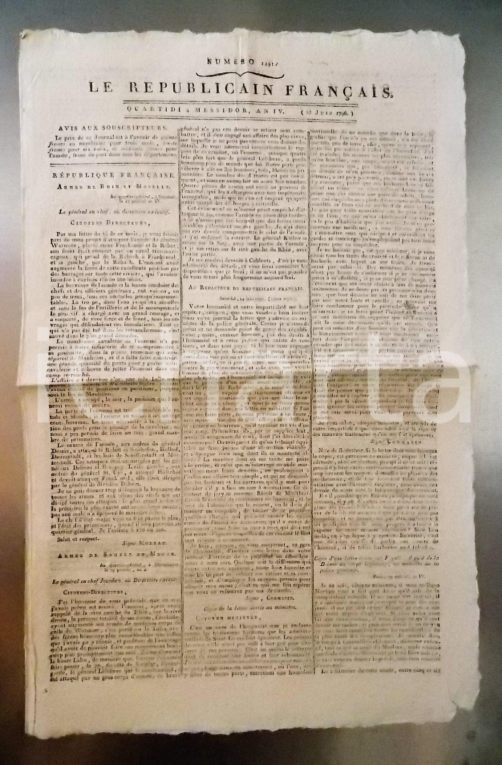 Giornale, rivista storica 1796 LE REPUBLICAIN FRANCAIS Gazette REVOLUTION NÂ° 1291 ArmÃ©e RHIN ET MOSELLE 1