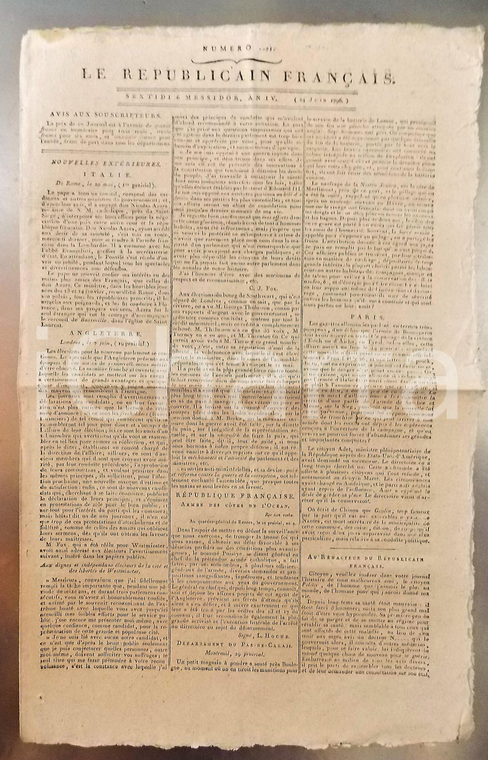 Giornale, rivista storica 1796 LE REPUBLICAIN FRANCAIS Gazette REVOLUTION NÂ° 1295 Nouvelles d Italie 1