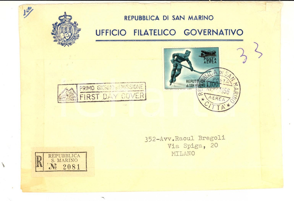 Materiale pubblicitario d’epoca 1956 STORIA POSTALE REPUBBLICA DI SAN MARINO VII Olimpiadi CORTINA Busta FDC 1