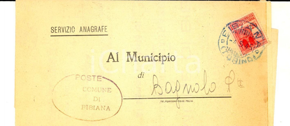 Cartolina originale da collezione 1945 STORIA POSTALE BIBIANA Modulo affrancato RSI 20 cent. monumenti distrutti 1