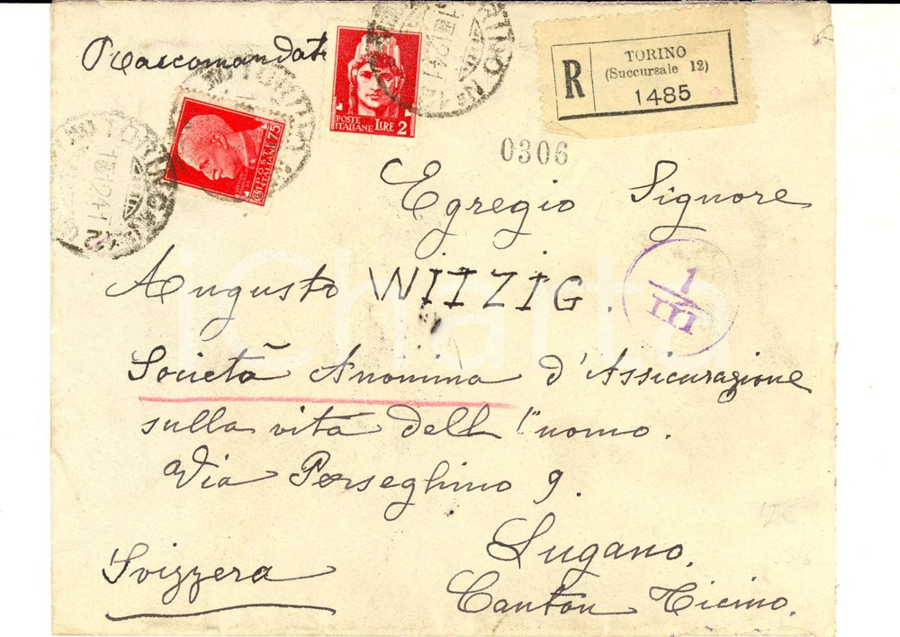 1941 STORIA POSTALE REGNO Busta raccomandata imperiale re + Italia turrita