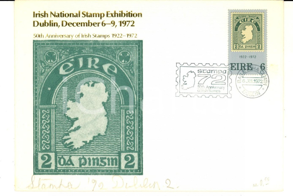 Materiale pubblicitario d’epoca 1972 EIRE Irish National Stamp Exhibition  50th Anniversary Envelope FDC 1