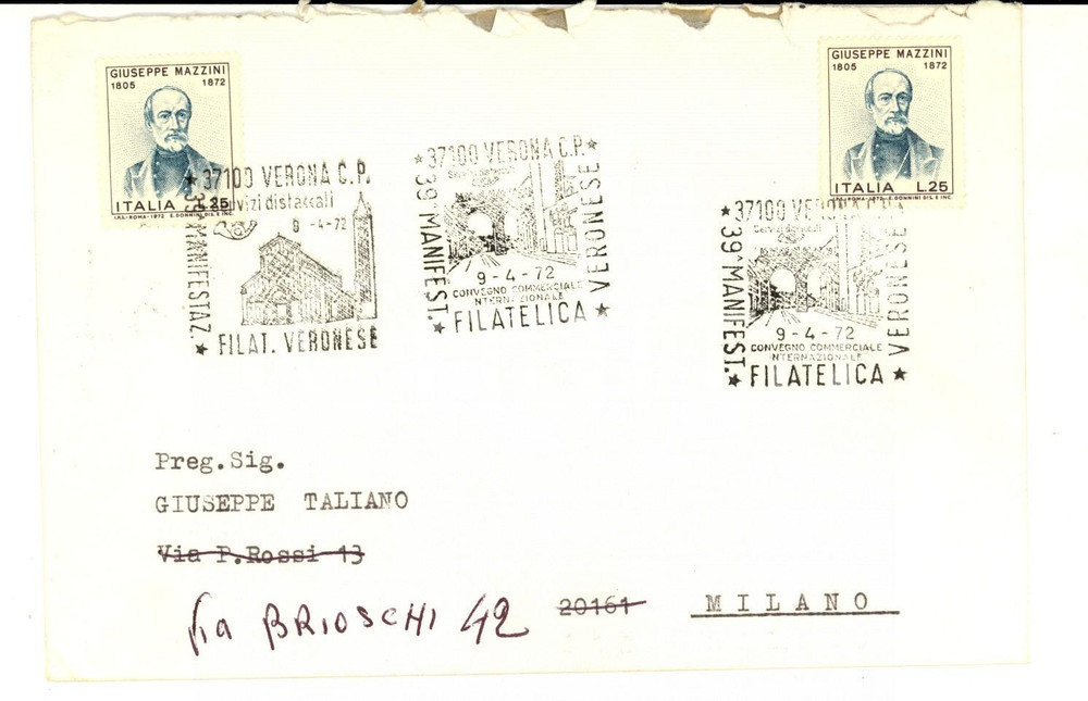 Materiale pubblicitario d’epoca 1972 VERONA 39 Manifestazione filatelica Busta Giuseppe MAZZINI L. 25 1
