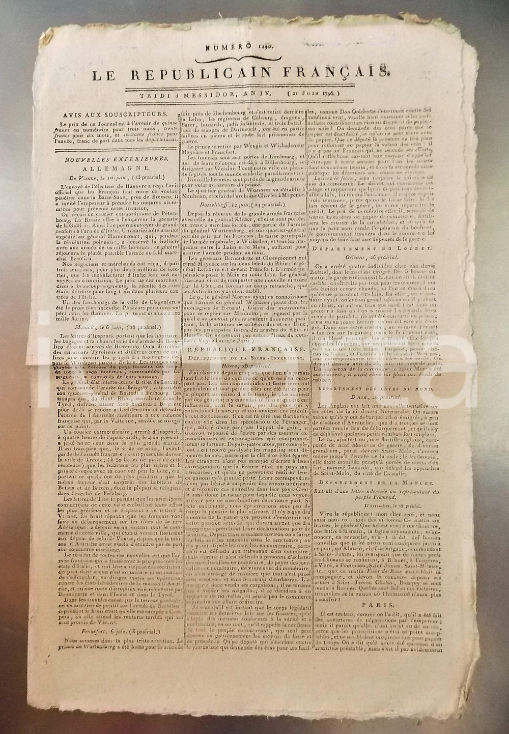 Giornale, rivista storica 1796 LE REPUBLICAIN FRANCAIS Gazette REVOLUTION NÂ° 1290 Arrestation de DROUET 1