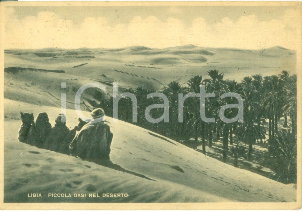 Cartolina originale da collezione 1942 LIBIA Beduini riposano in un oasi nel deserto Cartolina FG VG 1