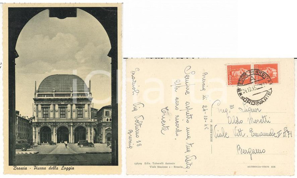 Cartolina originale da collezione 1945 STORIA POSTALE BRESCIA Piazza Loggia Cartolina Italia turrita senza fasci 1