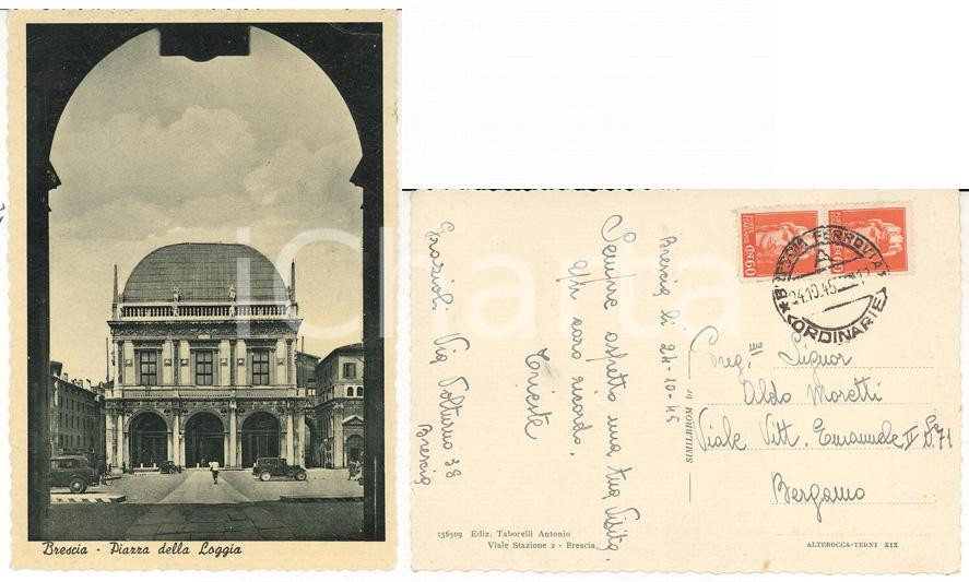 Cartolina originale da collezione 1945 STORIA POSTALE BRESCIA Piazza Loggia Cartolina Italia turrita senza fasci 1
